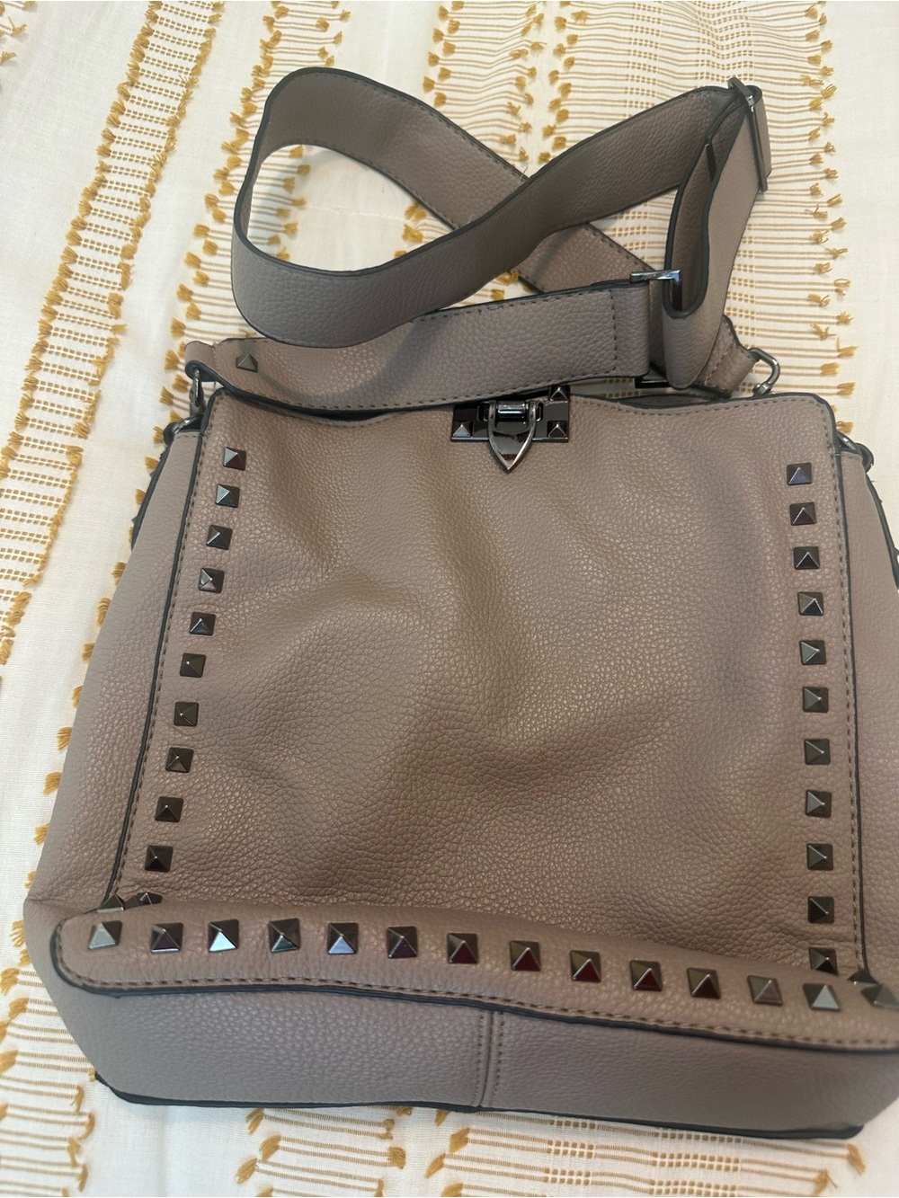 Stud-Trim Taupe Crossbody Shoulder Bag